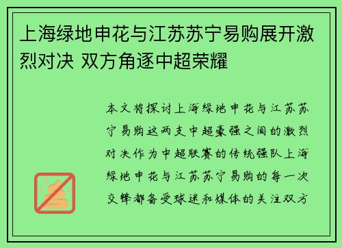 上海绿地申花与江苏苏宁易购展开激烈对决 双方角逐中超荣耀